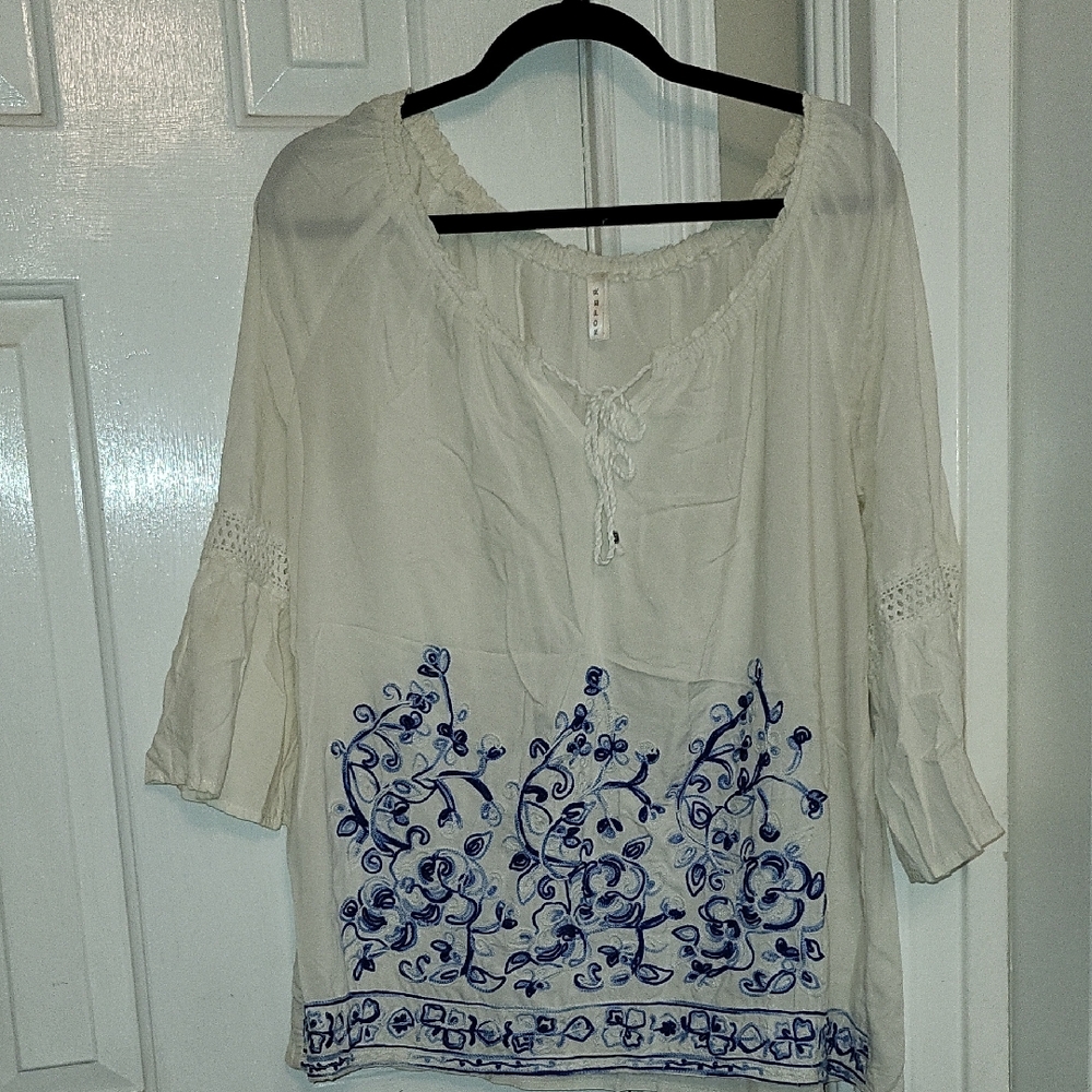 Chic Cream and Blue Embroidered Women's Blouse